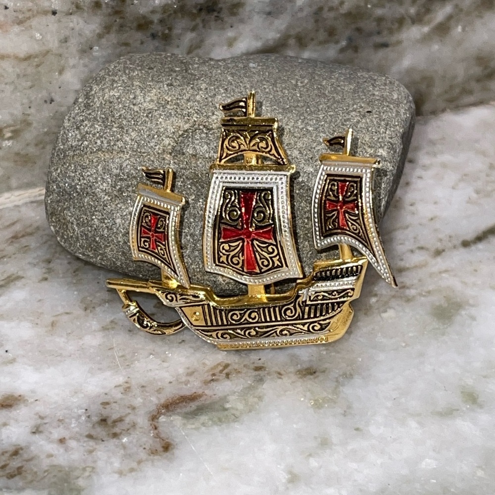 Vintage Damascene Spanish Ship Brooch